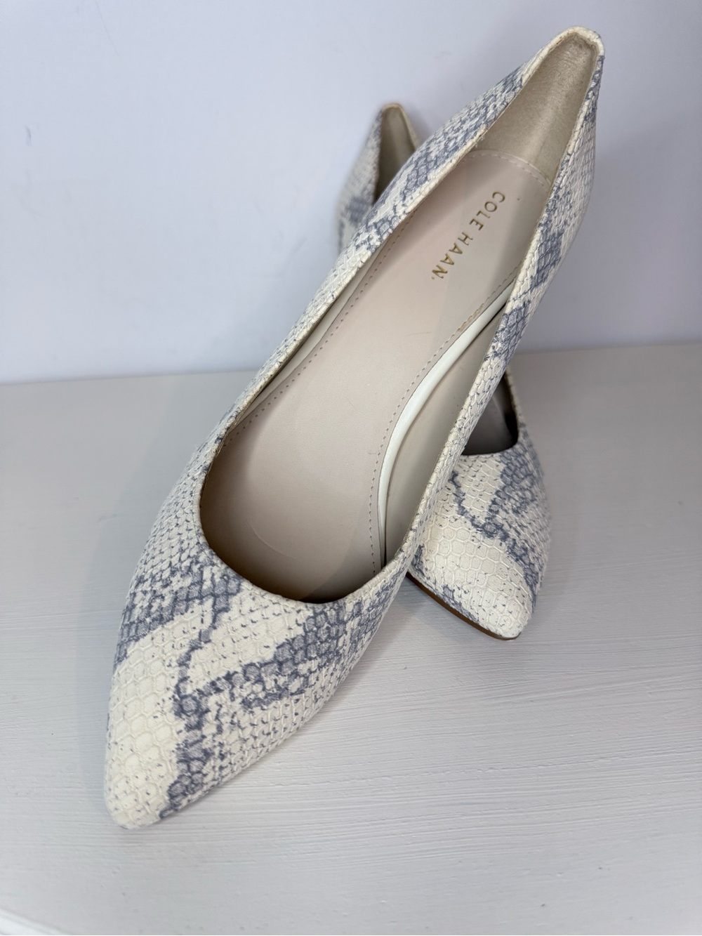 Cole Haan Ivory & Light Gray Snakeskin-Print Pointed Toe Block Pumps Size 7.5